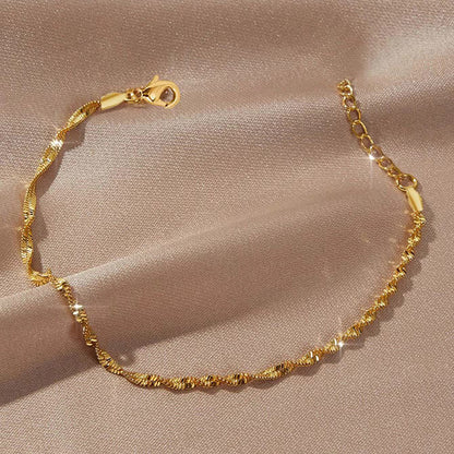 Gold tone Chain Bracelet for Women Stainless Steel Twisted Wave Chain Singapore Water Wave Link Bracelet Dainty Layering Minimalist Wristband Adjustable Extension Extender Chain Costume Jewelry Birthday Anniversary Gift for Her