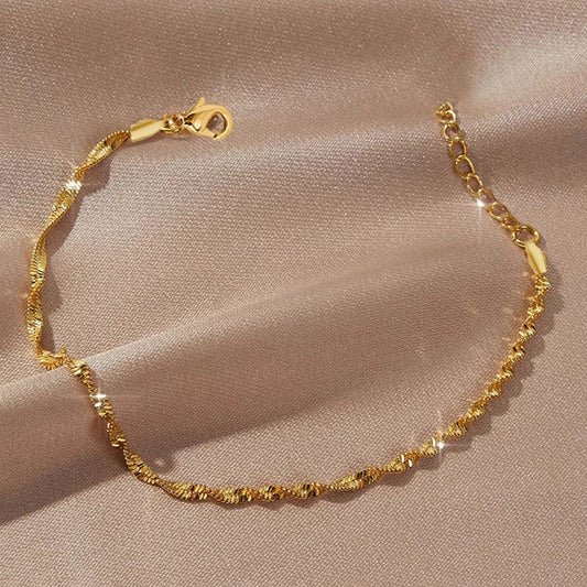 Gold tone Chain Bracelet for Women Stainless Steel Twisted Wave Chain Singapore Water Wave Link Bracelet Dainty Layering Minimalist Wristband Adjustable Extension Extender Chain Costume Jewelry Birthday Anniversary Gift for Her