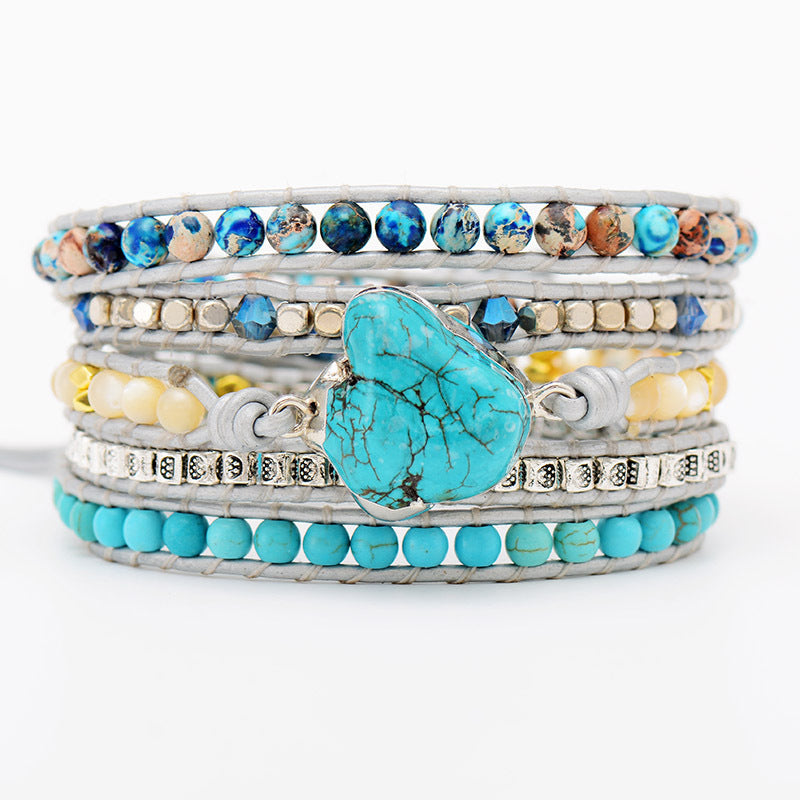 turquoise wrap bracelet - handmade multi-layered beaded leather bracelet with heart pendant - star8s