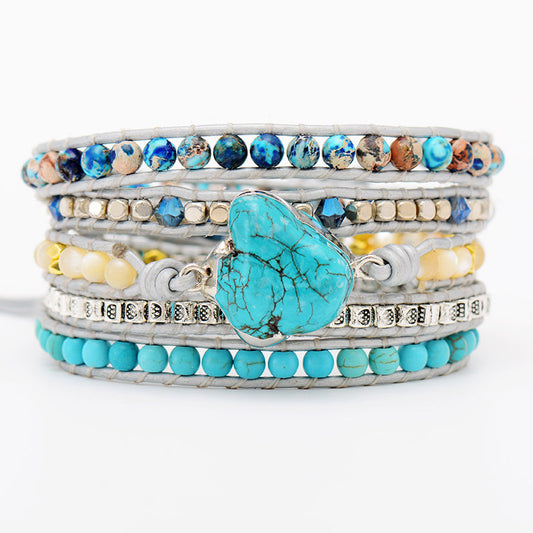 Turquoise Wrap Bracelet - Handmade Multi-Layered Beaded Leather Bracelet with Heart Pendant - STAR8S