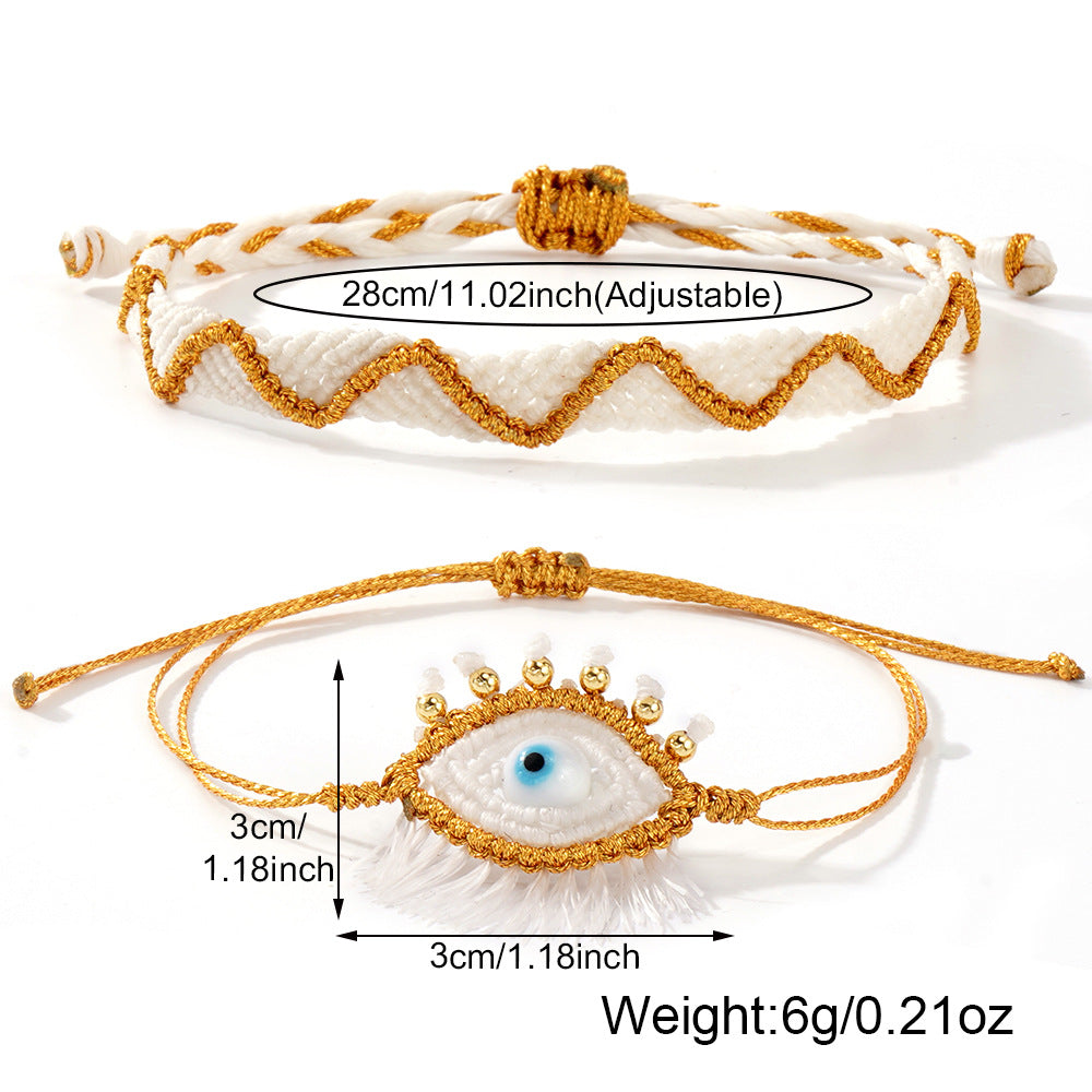 handmade woven evil eye bracelet set for women men boho macrame protection talisman gold metallic thread cream white braided rope cord adjust string set of 2