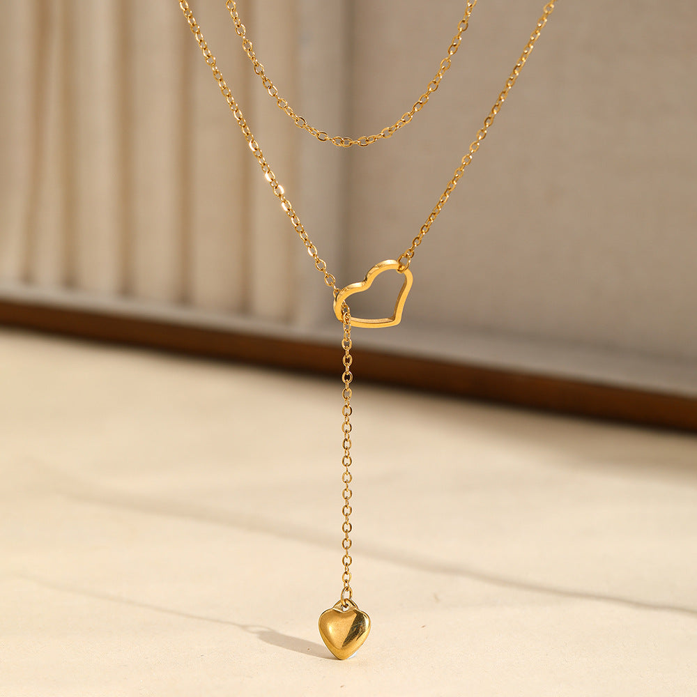 double layer heart necklace for women gold plated dainty layered lariat drop long pendant necklace minimalist y-chain choker trendy clavicle chain costume jewelry birthday anniversary gift for girlfriend teen girls