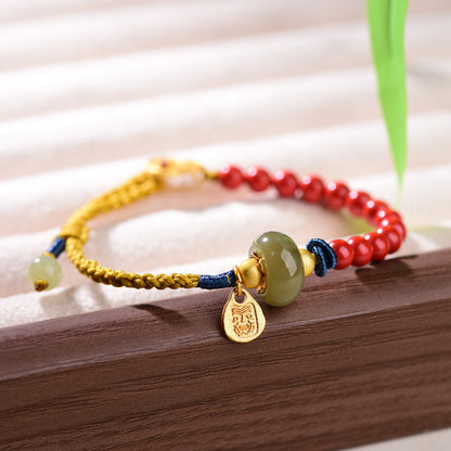 Jade Bracelet with Cinnabar & Red String | Handcrafted Women's Good Luck Bracelet