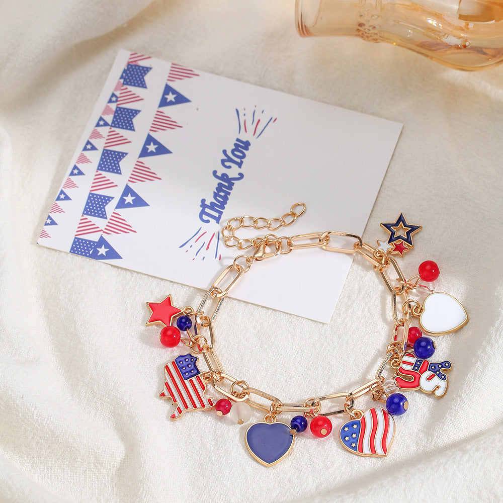 patriotic usa flag charm bracelet for women teen girls 4th of july jewelry memorial day independence day gifts red white and blue enamel star heart olympic sports fan link chain bracelet