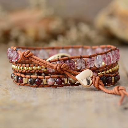 Strawberry Crystal Drop Wrap Bracelet - Handcrafted Leather and Gemstone Women's Jewelry - STAR8S