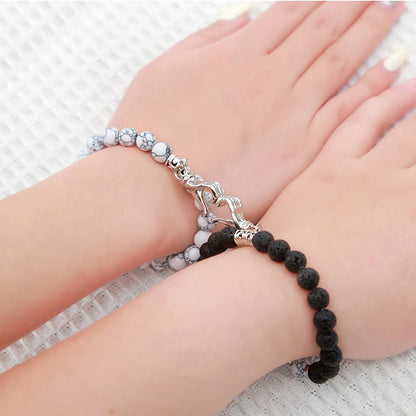 2Pcs Magnetic Couples Bracelet Set for Boyfriend Girlfriend Natural Black Lava Stone White Turquoise Beads Woven Rope Braided Matching Hands Heart Clasp Relationship Distance Friendship Gift 30g