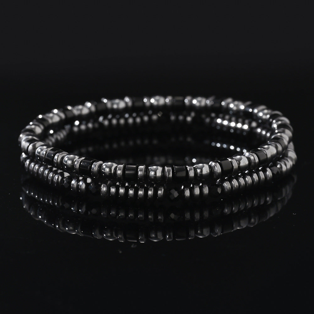 Vintage Black Men’s Bracelet – Slim Natural Stone & Gunmetal Beaded Wristband - STAR8S