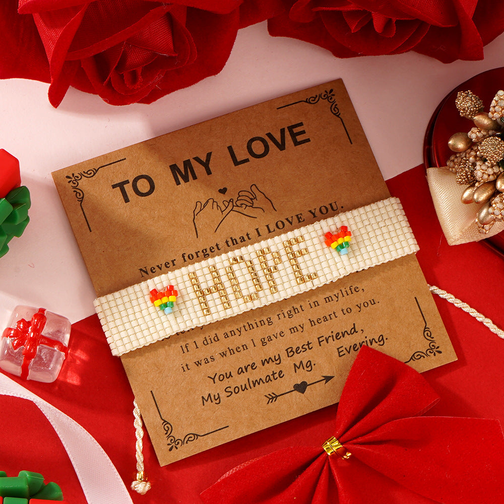 boho heart friendship bracelet – handmade woven seed bead hope rainbow letter bracelet | adjustable bohemian jewelry