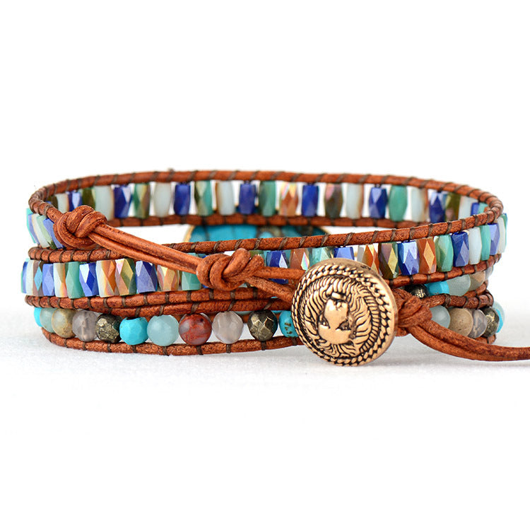 Handmade Turquoise Egg Boho Bracelet with Crystal Beads – Fashionable Vintage Braided Leather Wrap Bracelet for Women - STAR8S