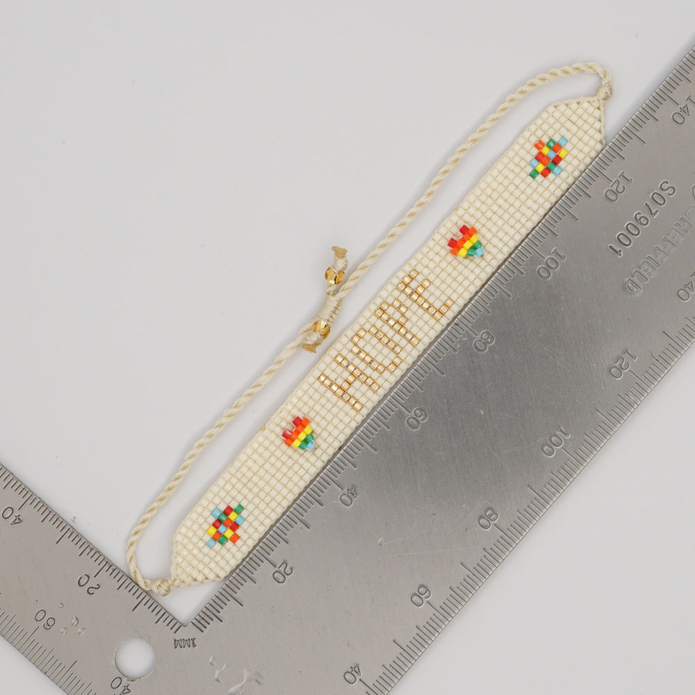 boho heart friendship bracelet – handmade woven seed bead hope rainbow letter bracelet | adjustable bohemian jewelry