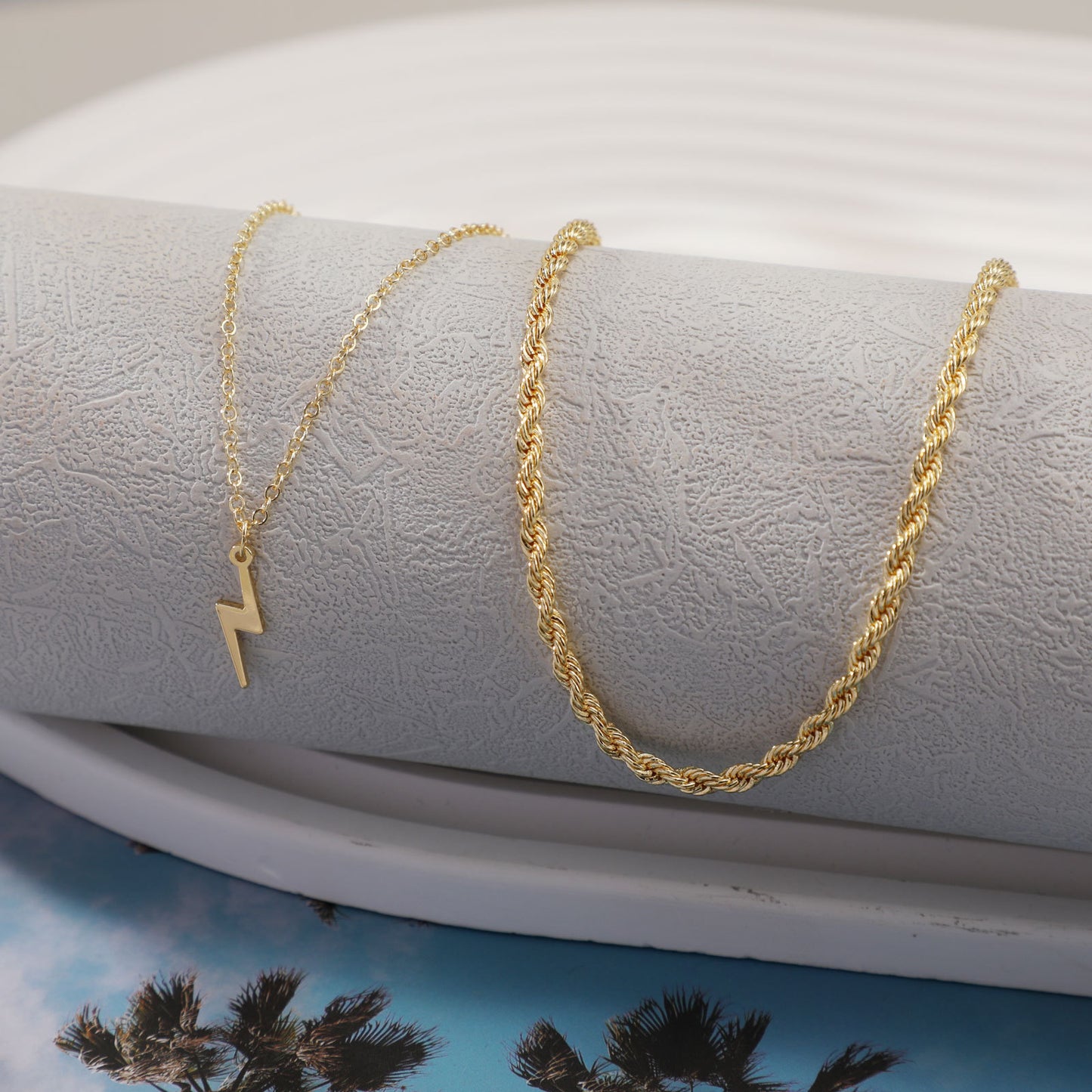layered gold-tone lightning bolt pendant necklace for women chunky rope chain double layer dainty cable choker trendy y2k aesthetic jewelry gift for her everyday minimalist collar necklace