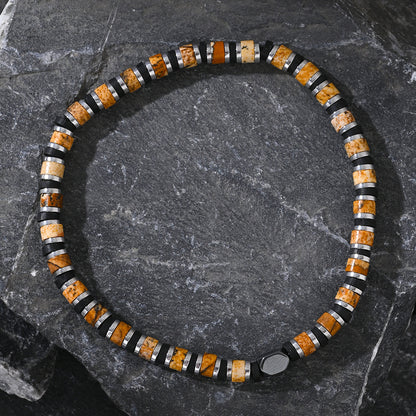 Beaded Men Bracelet – Fashionable Tiger Eye & Hematite Stone Cylindrical Bead Wristband - STAR8S