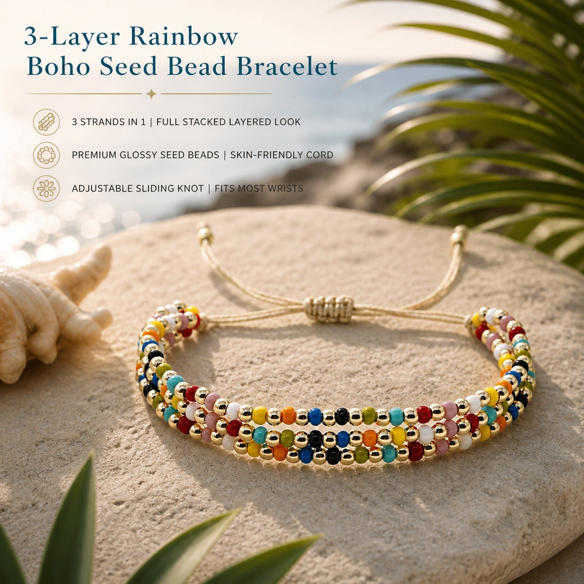three-strand beaded bracelet for women, glossy multicolor beads with gold-tone round beads, adjustable sliding knot cord closure, boho vintage style layered design with dangling cord ends, colorful jewelry for everyday wear, vacations and birthday gi