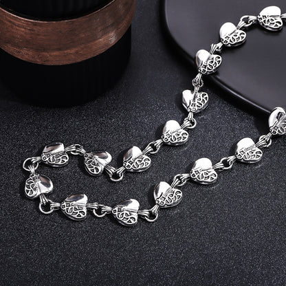 Vintage Gothic Heart Link Chain Necklace for Men Women Antique Silver Carved Hearts Choker Collar Punk Streetwear Unisex Jewelry Gift