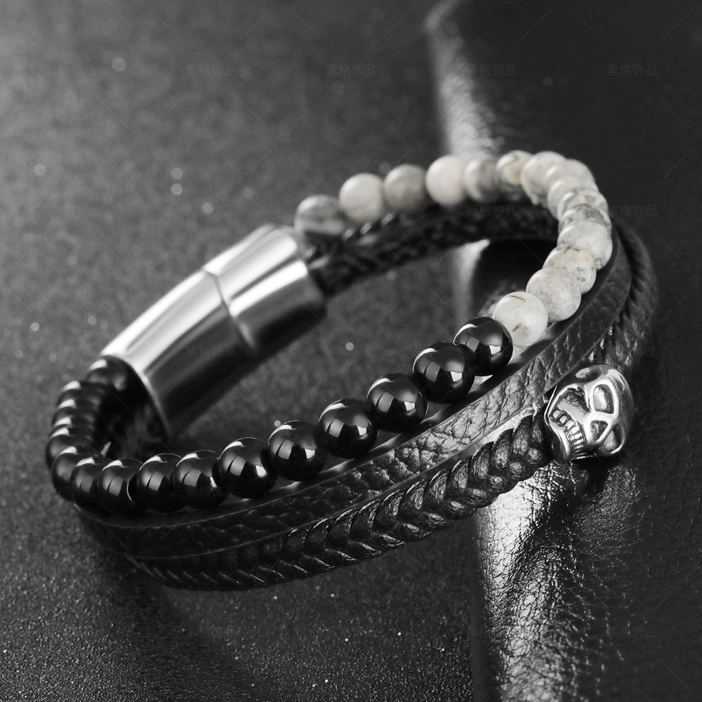 men’s stainless steel bracelet – leather & tiger’s eye beads with skull charm - star8s