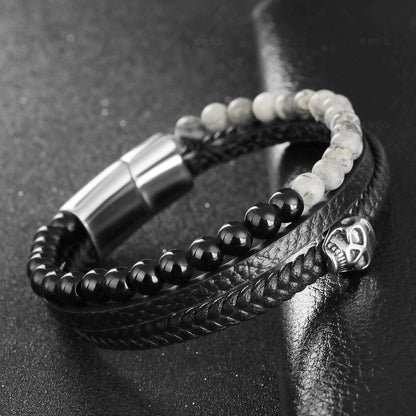 Men’s Stainless Steel Bracelet – Leather & Tiger’s Eye Beads with Skull Charm - STAR8S