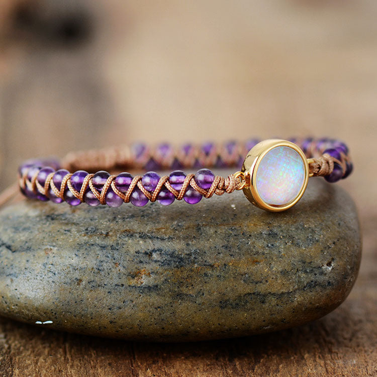amethyst & opal double layer braided bohemian bracelet – handmade adjustable jewelry - star8s
