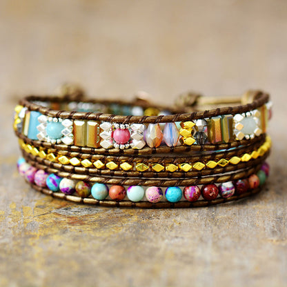 Imperial Jasper Boho Wrap Braided Leather Bracelet – Handmade 3 Wrap Natural Stone Bracelet - STAR8S