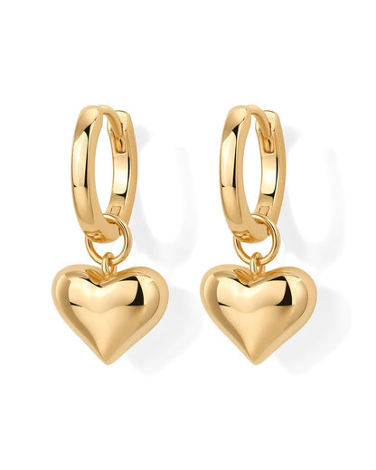 Lightweight Shiny Gold Puffy Heart Charm Huggie Earrings Comfortable Secure Click Closure Dainty Dangling Heart Drop Hoops for Daily Wear Sensitive Ears