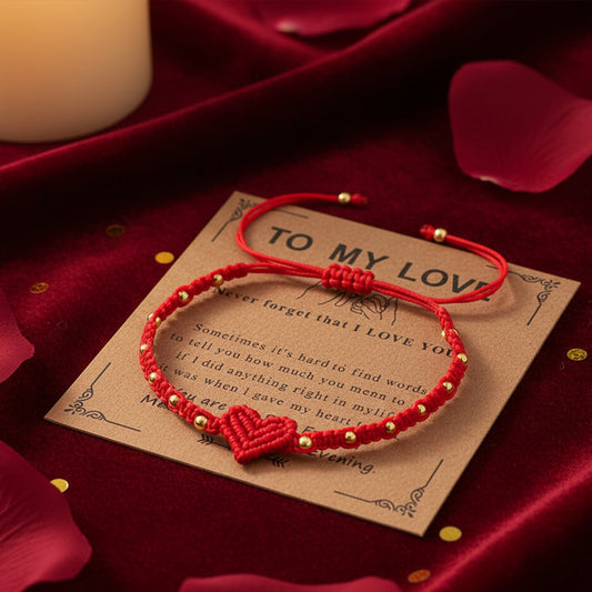 Handmade Red String Bracelet for Women Girlfriend Couples Matching Woven Macrame Heart Charm Bracelet Gold Beaded Adjustable Rope Anniversary Valentine's Day Romantic Love Jewelry Gift with Card