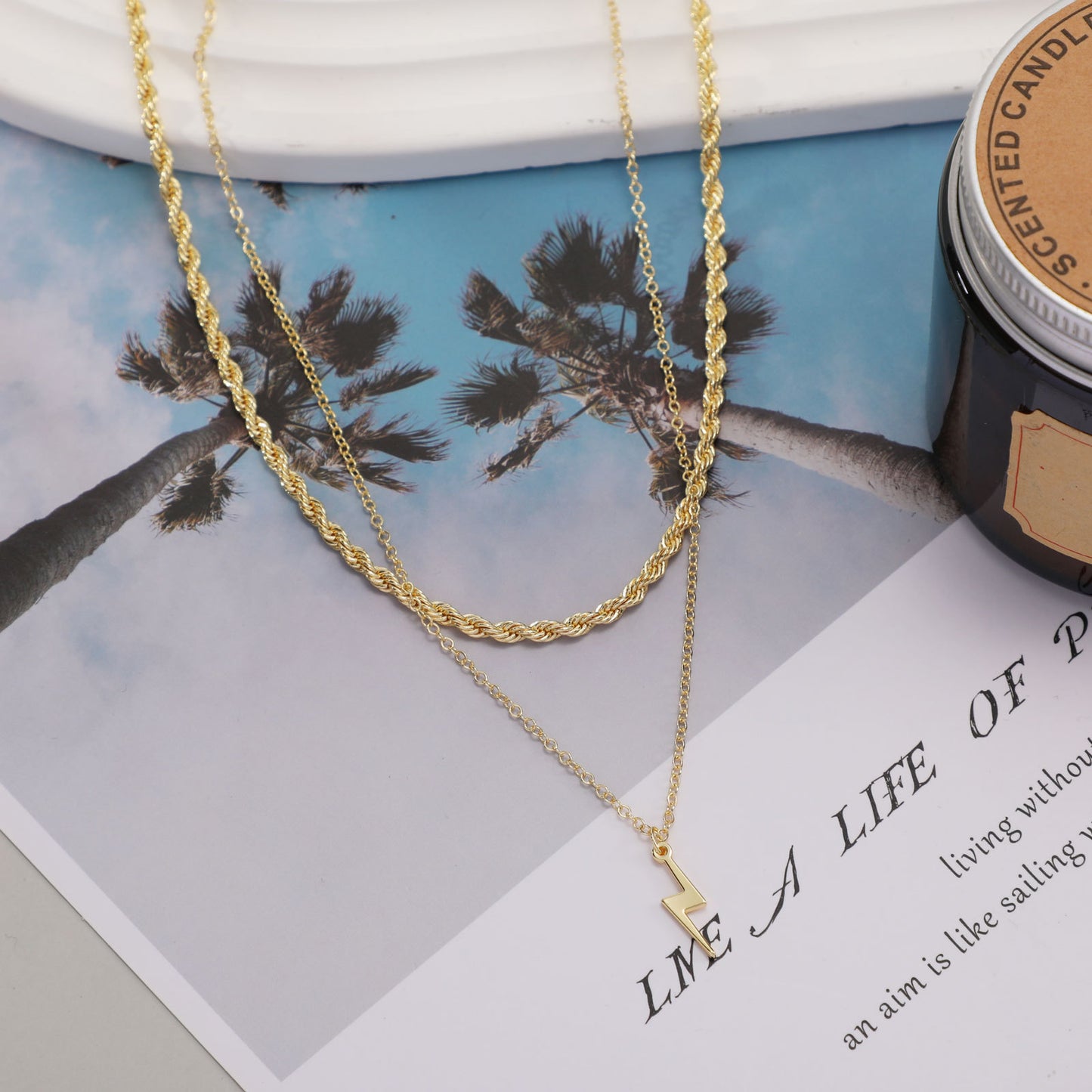 layered gold-tone lightning bolt pendant necklace for women chunky rope chain double layer dainty cable choker trendy y2k aesthetic jewelry gift for her everyday minimalist collar necklace