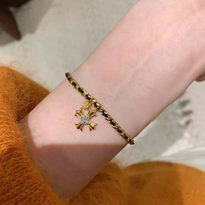 Gold Tone Cross Woven Chain Bracelet for Women Interwoven Black Thread Braided Cord Gothic Cross Charm Bracelet Adjustable Luxury Aesthetic Fashion Jewelry Gift