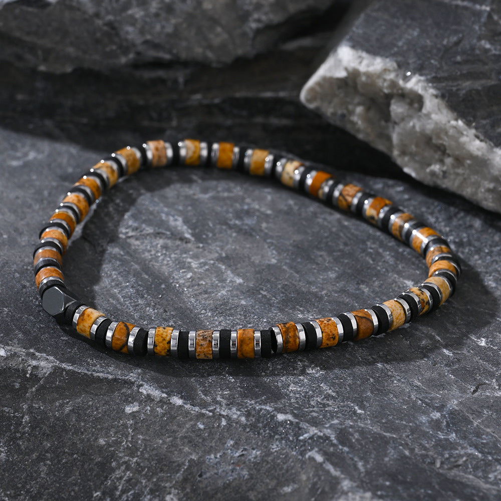 Beaded Men Bracelet – Fashionable Tiger Eye & Hematite Stone Cylindrical Bead Wristband - STAR8S