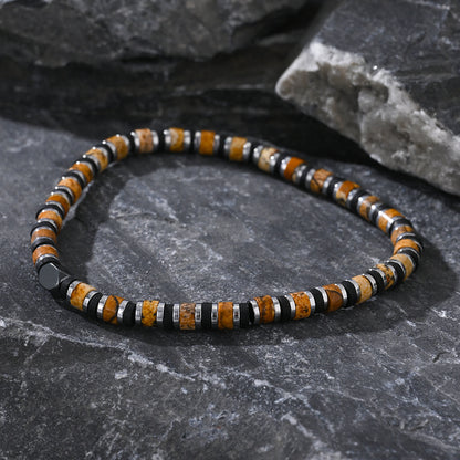 Beaded Men Bracelet – Fashionable Tiger Eye & Hematite Stone Cylindrical Bead Wristband - STAR8S