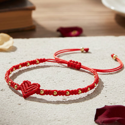 Handmade Red String Bracelet for Women Girlfriend Couples Matching Woven Macrame Heart Charm Bracelet Gold Beaded Adjustable Rope Anniversary Valentine's Day Romantic Love Jewelry Gift with Card
