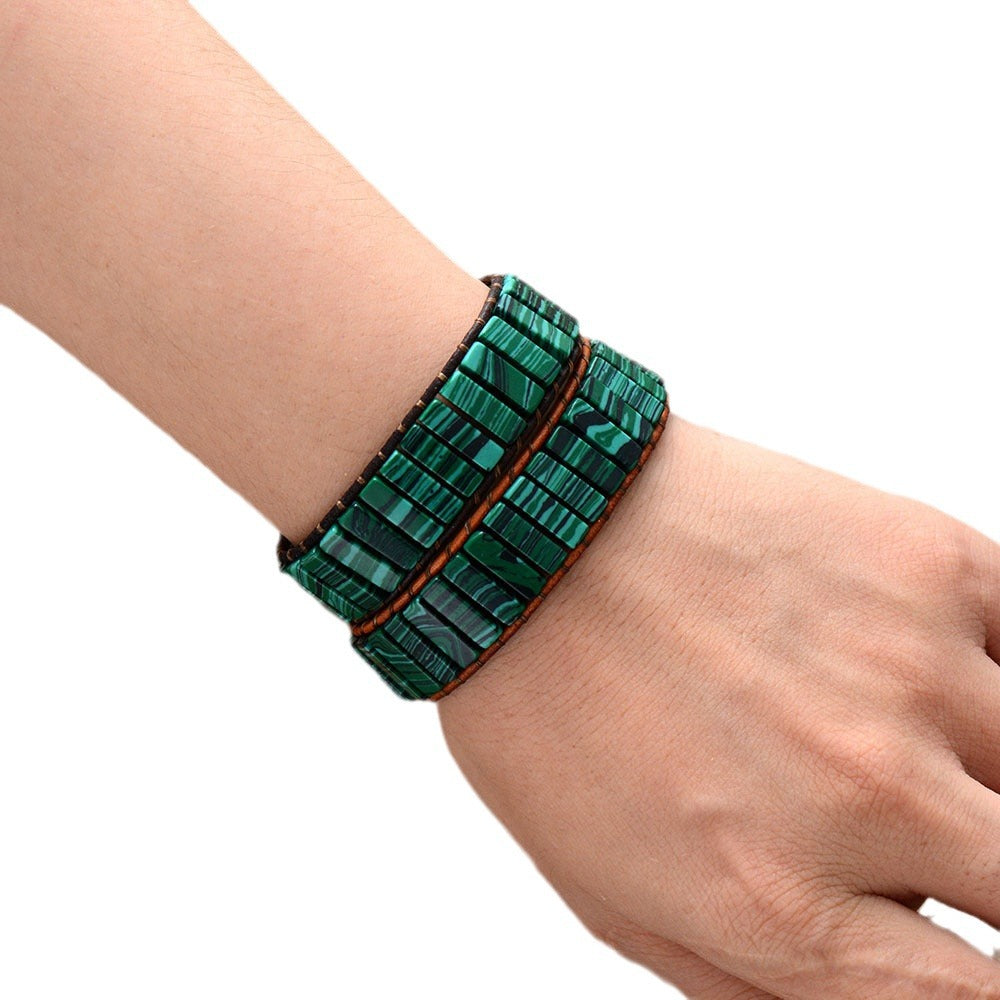 Vintage Malachite Beaded Leather Bracelet – Handmade Woven Stone & Leather Wristband - STAR8S