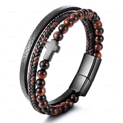 Stainless Steel Cross Bracelet for Men - Natural Tiger Eye Agate Stone Multi-Layer Woven Leather Bracelet - STAR8S