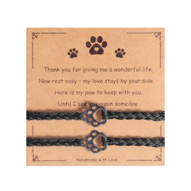 2pcs handmade pet memorial bracelet set for women men stainless steel paw print charm braided rope cord adjustable keepsake friendship bracelet sympathy loss gift with card