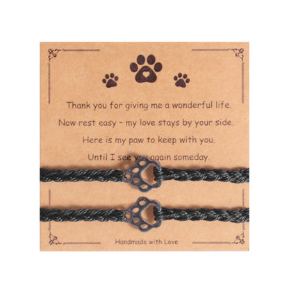 2Pcs Handmade Pet Memorial Bracelet Set for Women Men Stainless Steel Paw Print Charm Braided Rope Cord Adjustable Keepsake Friendship Bracelet Sympathy Loss Gift with Card