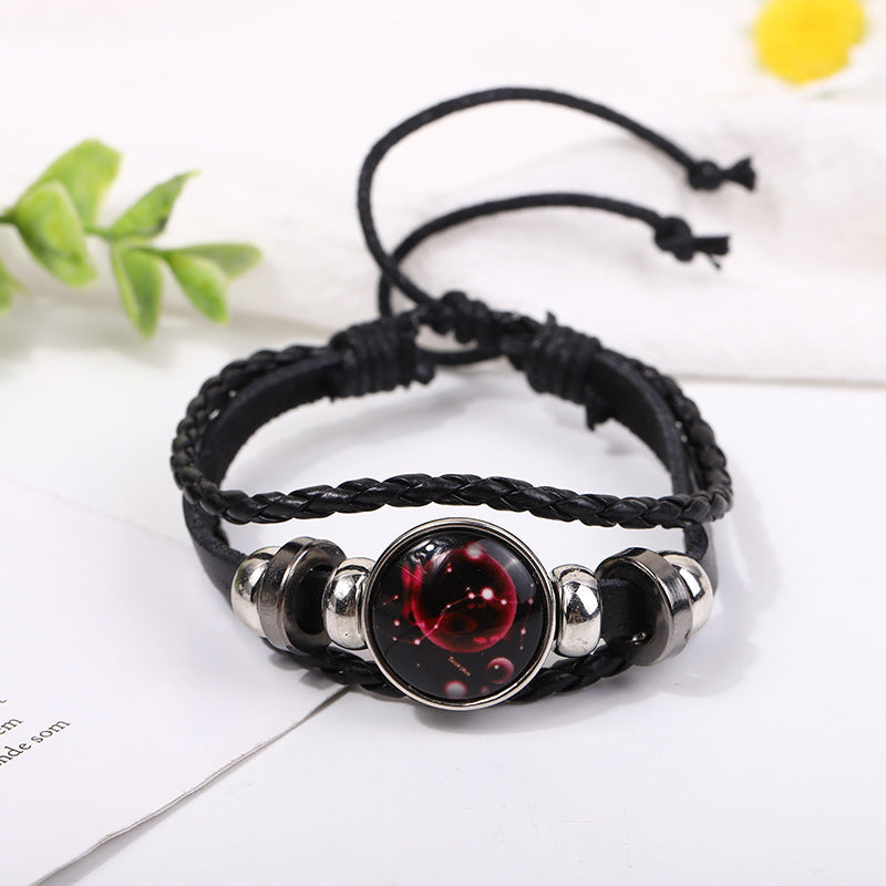 Zodiac Signs Leather Bracelet - Luminous Design, Vintage Style, Unisex Adjustable Bracelet for Couples - STAR8S
