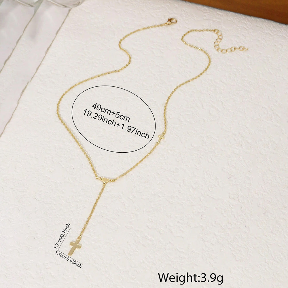gold-tone lariat necklace for women stainless steel open heart loop y necklace sleek vertical drop cross pendant dainty choker adjustable layering clavicle chain christian faith religious amulet trendy ins costume jewelry gift 19.29"