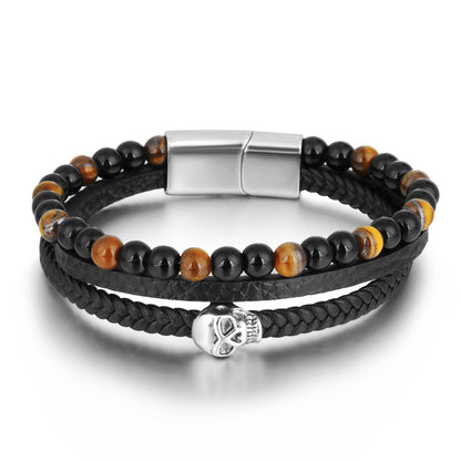 Men’s Stainless Steel Bracelet – Leather & Tiger’s Eye Beads with Skull Charm - STAR8S