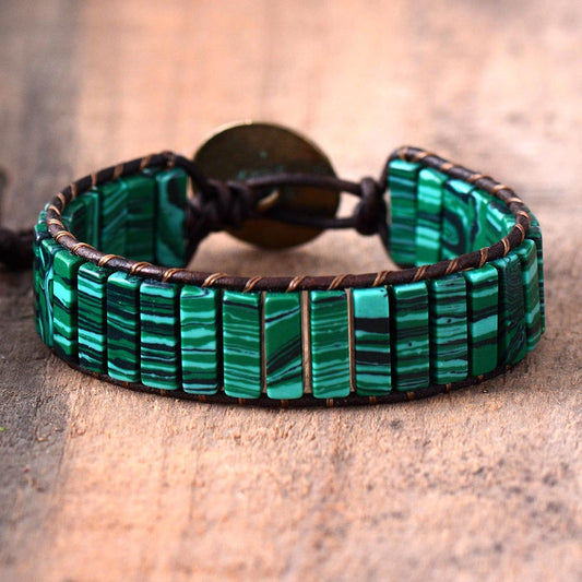 Vintage Malachite Beaded Leather Bracelet – Handmade Woven Stone & Leather Wristband - STAR8S
