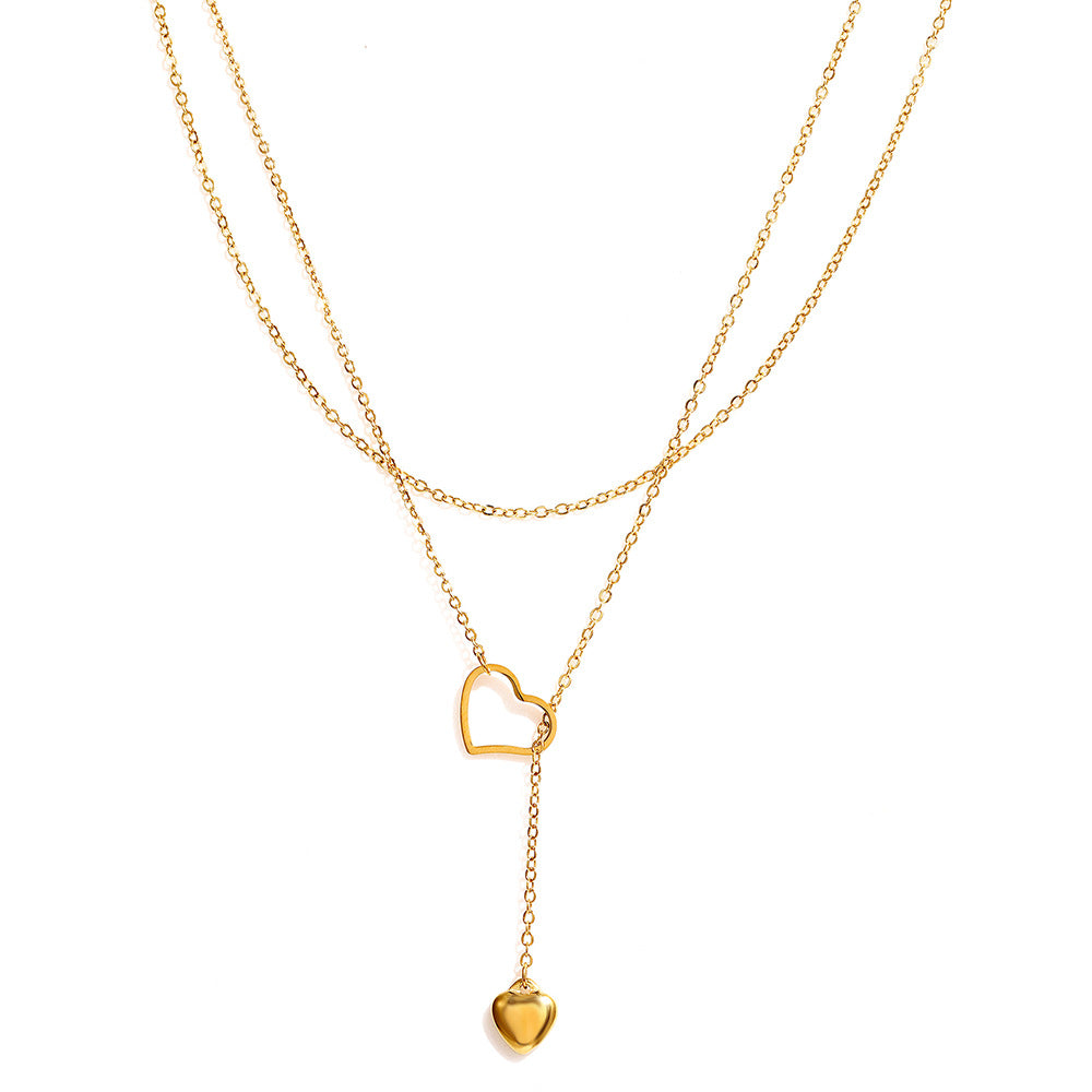 double layer heart necklace for women gold plated dainty layered lariat drop long pendant necklace minimalist y-chain choker trendy clavicle chain costume jewelry birthday anniversary gift for girlfriend teen girls