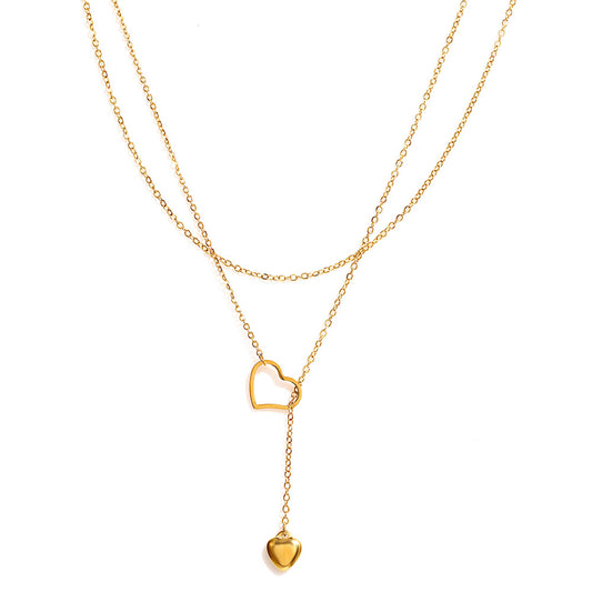 Double Layer Heart Necklace for Women Gold Plated Dainty Layered Lariat Drop Long Pendant Necklace Minimalist Y-Chain Choker Trendy Clavicle Chain Costume Jewelry Birthday Anniversary Gift for Girlfriend Teen Girls