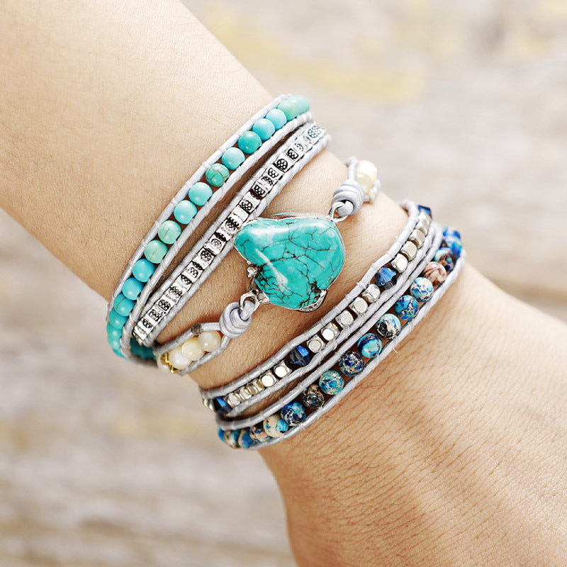 turquoise wrap bracelet - handmade multi-layered beaded leather bracelet with heart pendant - star8s