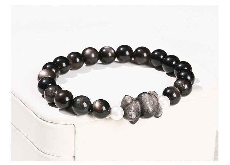 silver obsidian bear bracelet – minimalist black gemstone beaded bracelet for men & women - star8s