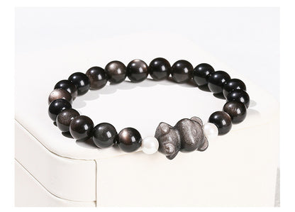 Silver Obsidian Bear Bracelet – Minimalist Black Gemstone Beaded Bracelet for Men & Women - STAR8S
