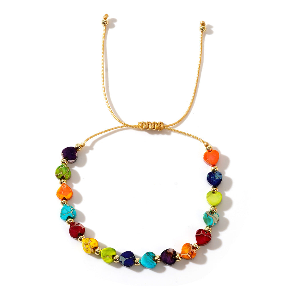 adjustable rainbow heart bead cord bracelet with gold-tone accents