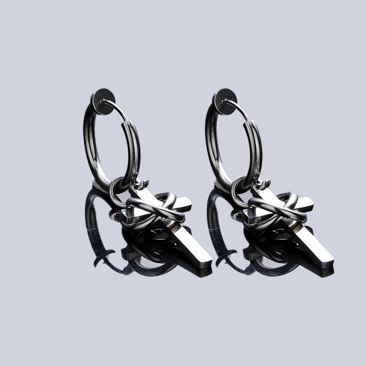 men's cross drop hoop earrings titanium steel non tarnish twisted wire entwined cross dangle earrings punk gothic hip hop ear jewelry streetwear ear clips for men pierced non-pierced silver color