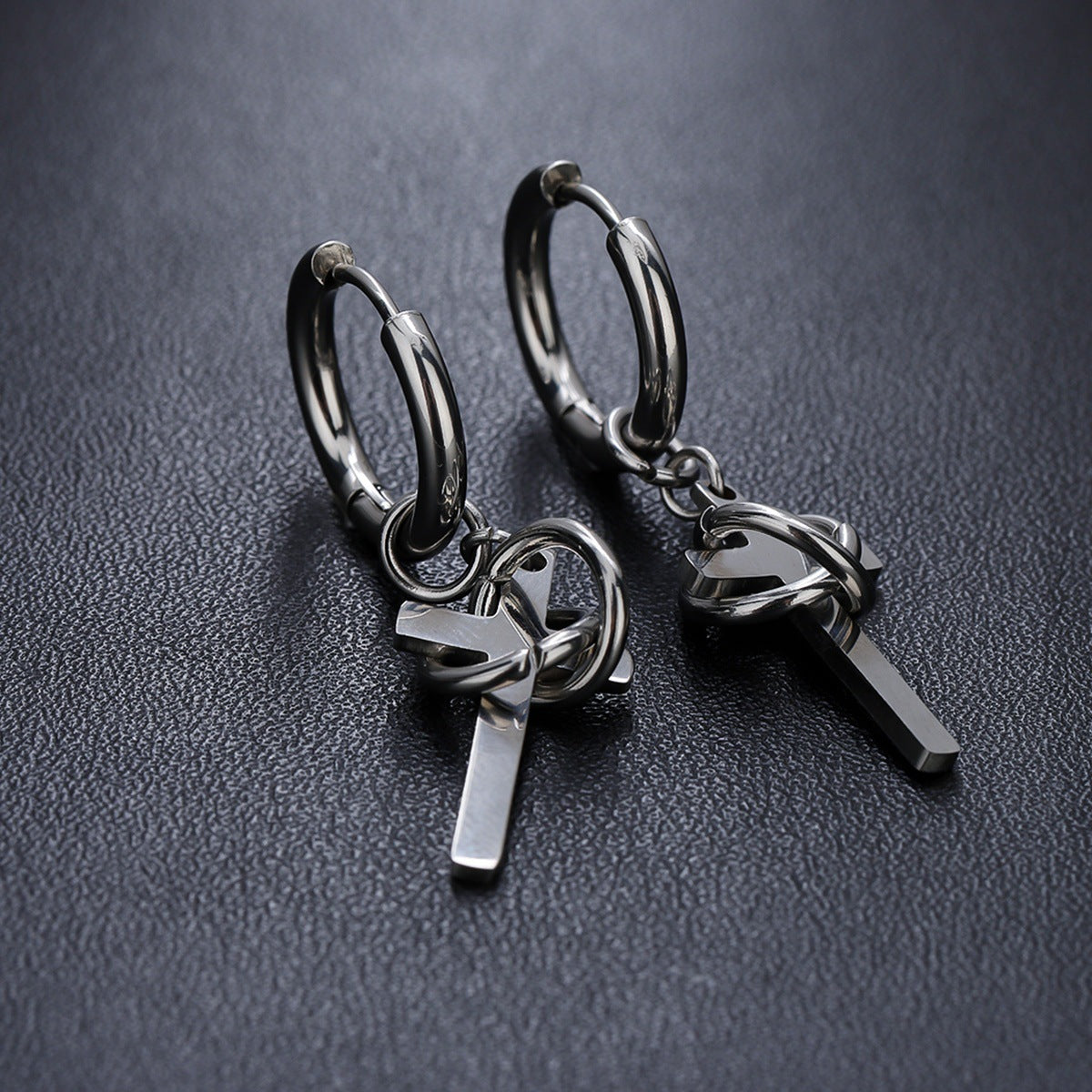 men's cross drop hoop earrings titanium steel non tarnish twisted wire entwined cross dangle earrings punk gothic hip hop ear jewelry streetwear ear clips for men pierced non-pierced silver color