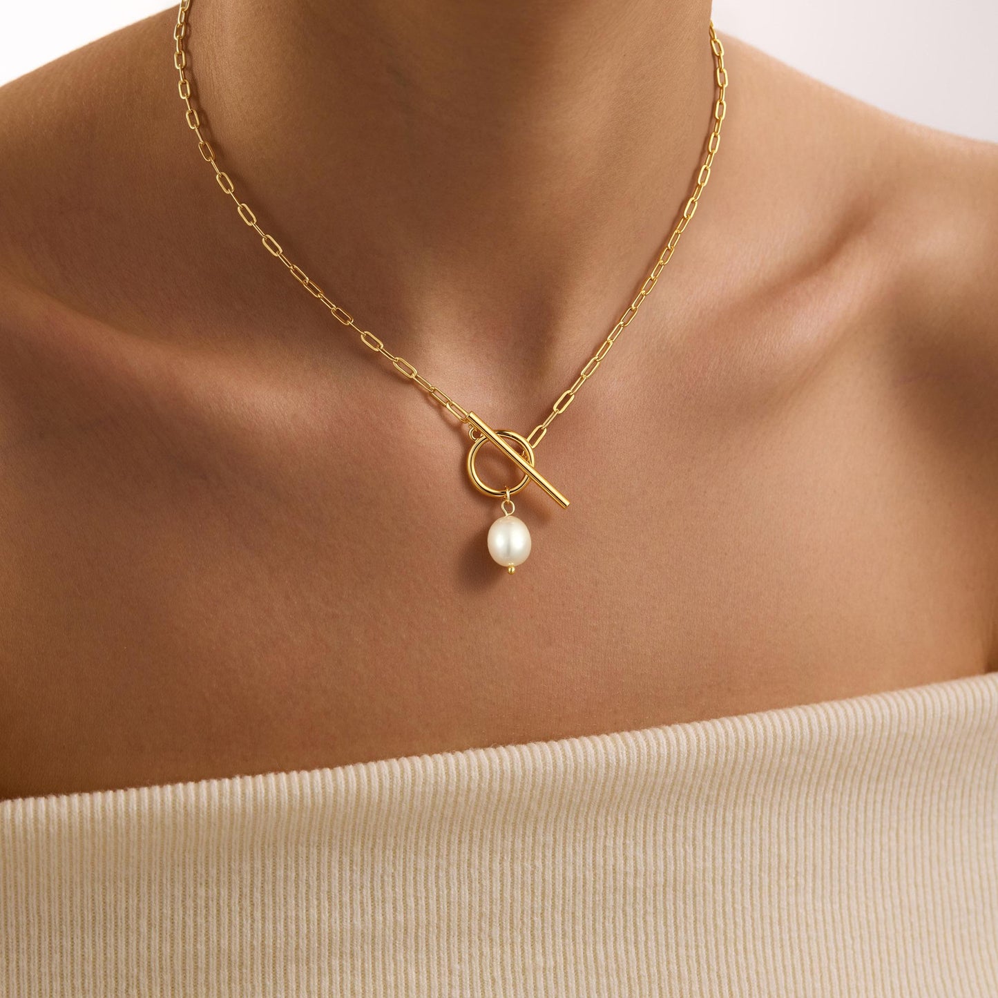 gold-tone layered necklace for women, multi strand figaro snake chain paperclip choker with ot toggle pearl pendant, trendy aesthetic dainty chunky stacking jewelry gift