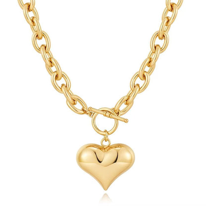 Gold Plated Chunky Chain Necklace for Women Puffy Heart Pendant Necklace Minimalist Bold Link Chain Necklace with Front OT Toggle Clasp Jewelry Gift