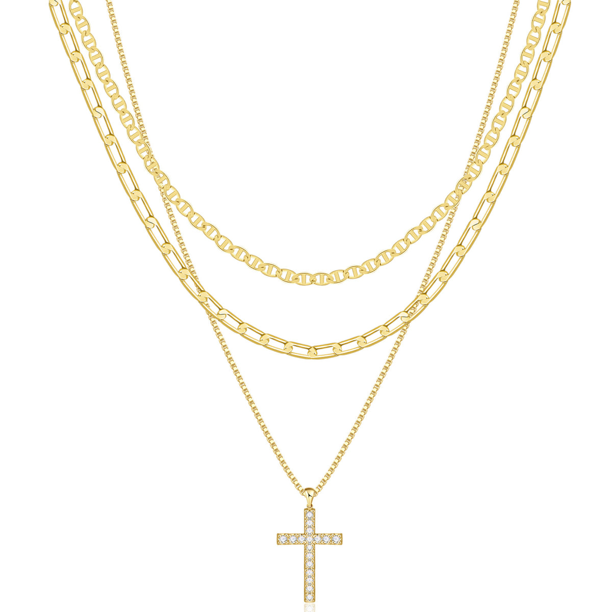 layered cross necklace set for women, 3 gold-tone electroplated brass chains with sparkling cross pendant, flat link and paperclip styles, 15, 16 and 18 inch lengths with 2 inch extenders, lobster clasps, everyday jewelry for blouses, dresses and swe
