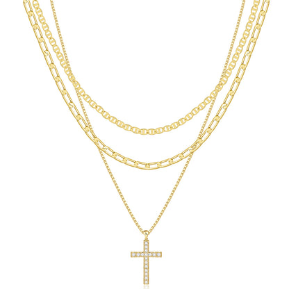 Layered Cross Necklace Set for Women, 3 Gold-Tone Electroplated Brass Chains with Sparkling Cross Pendant, Flat Link and Paperclip Styles, 15, 16 and 18 Inch Lengths with 2 Inch Extenders, Lobster Clasps, Everyday Jewelry for Blouses, Dresses and Swe