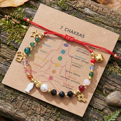 Red String Beaded Charm Bracelet, Adjustable Cord with Multicolor Beads and Gold-Tone Heart, Star and Cross Charms, Everyday Holiday Jewelry